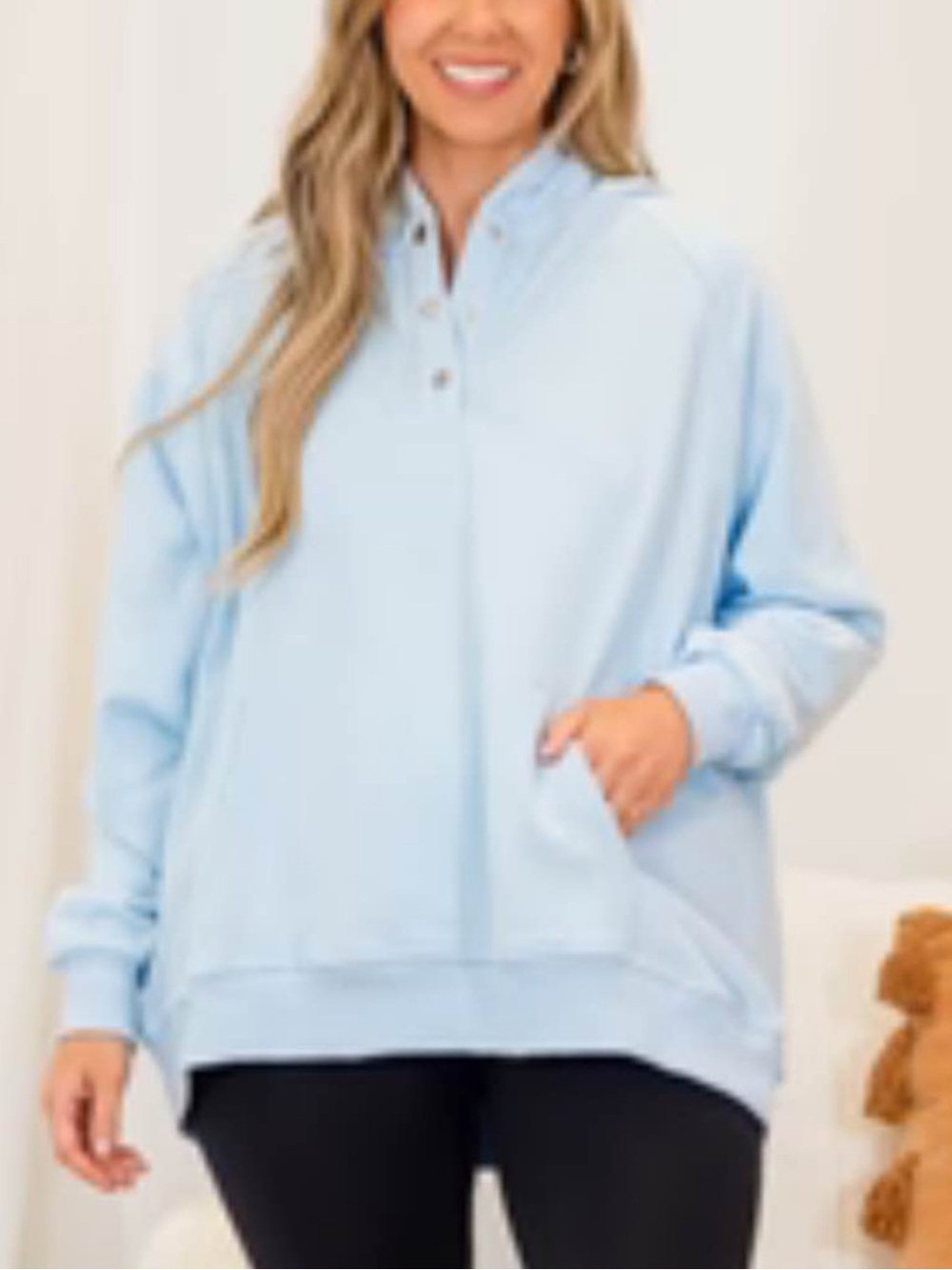 Chic Soul Light Blue Pullover Hoodie with Button Placket